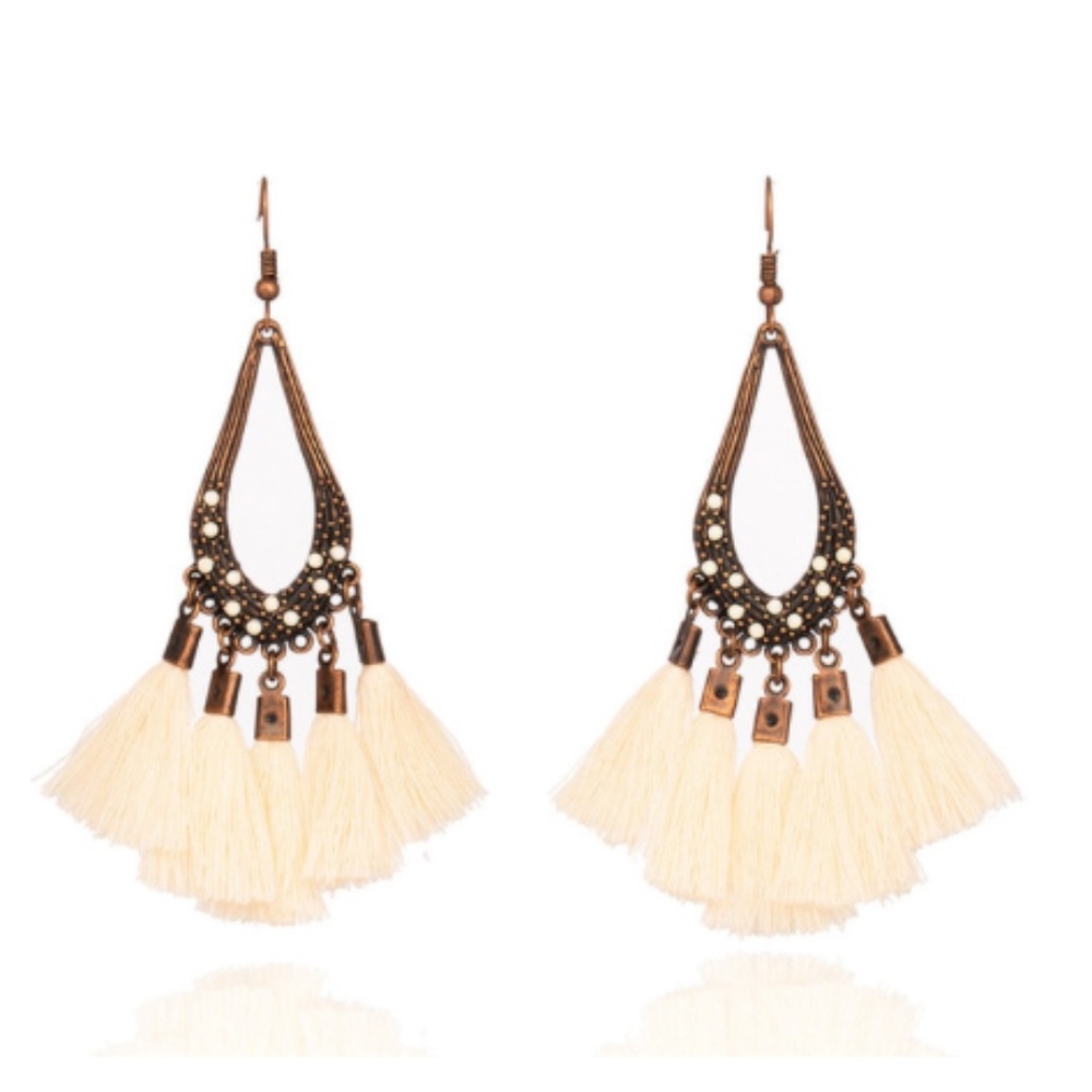 Cream Vintage Boho Tassel Drop Earrings - Picture 6 of 7